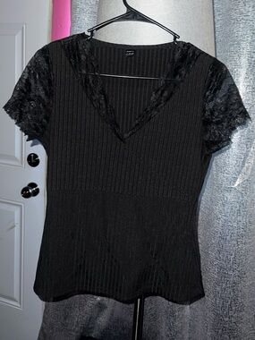 Black Lace-Trim V-Neck Women's Top